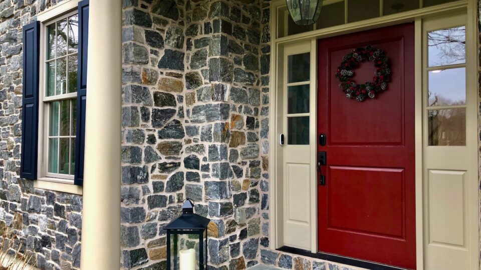 exterior navy shutters red door